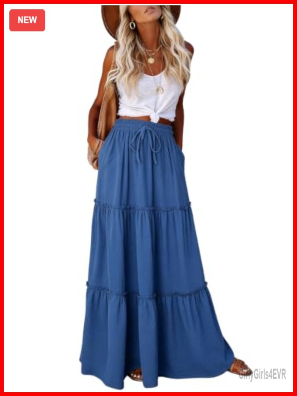 Women's Maxi Skirt High Waist Tie Flowy Tiered Ruffled Long Skirt with Pockets